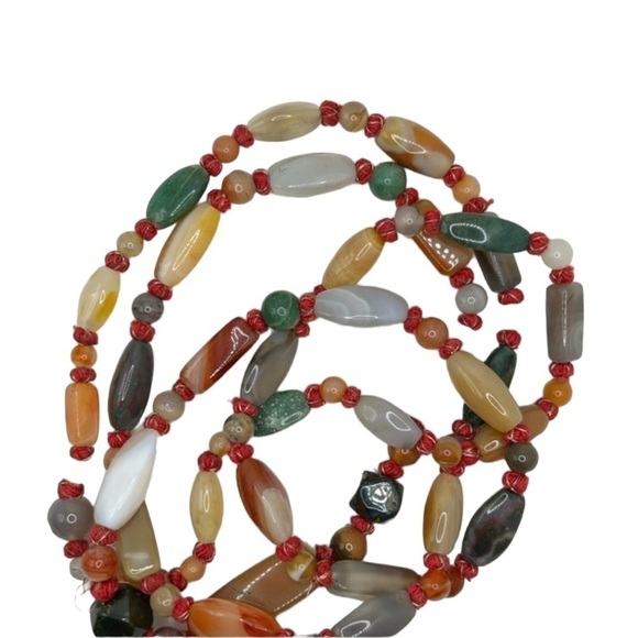 Vintage 70’s Polished Multi Stone 56” Hand Tied Necklace Jade Quartz Agate - Picture 3 of 8